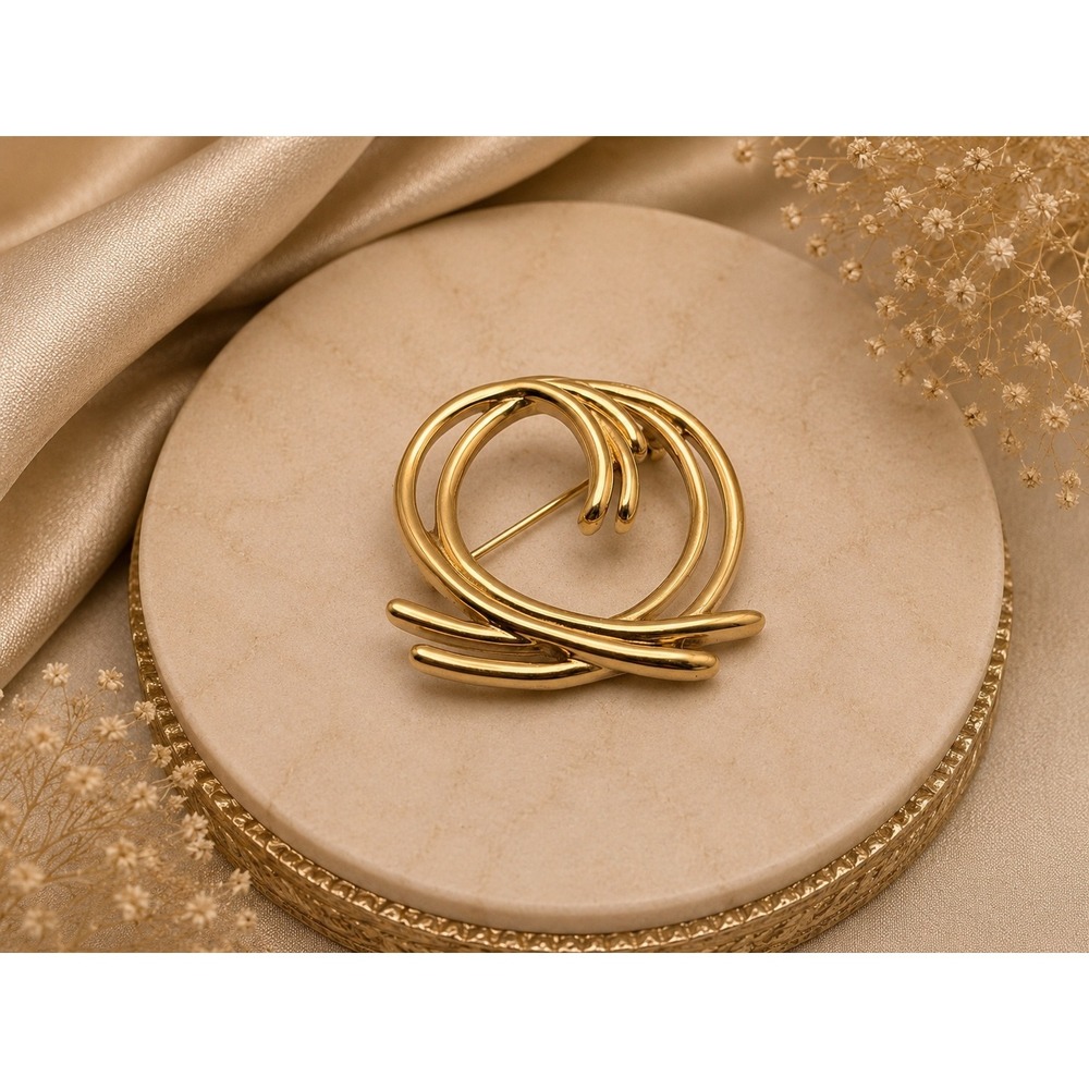 Trifari Signed Gold Tone Abstract Swirl Circle Brooch Pin Modernist Wave 2"